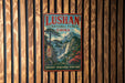 A vintage-style sign for Lushan National Park in China, featuring a scenic landscape with mountains, trees, and a waterfall.
