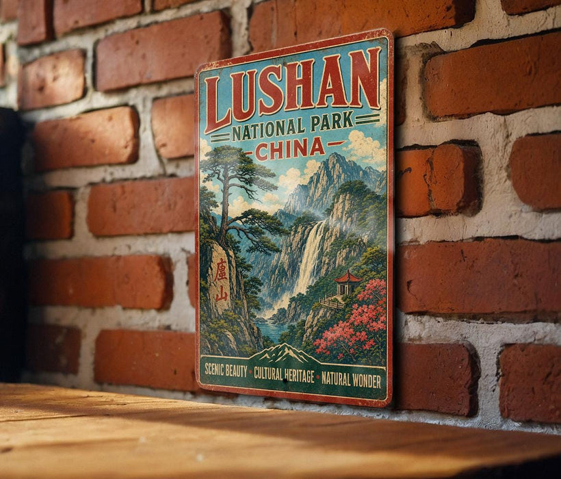 A vintage-style sign for Lushan National Park in China, featuring a scenic landscape with mountains, trees, and a temple.