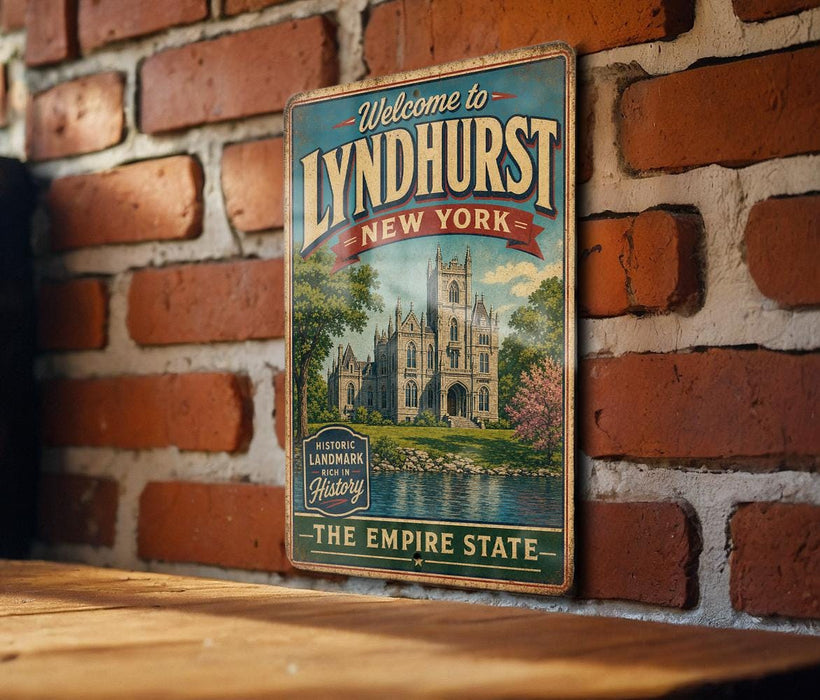 A vintage-style metal sign that reads "Welcome to Lyndhurst New York - The Empire State" is displayed on a brick wall.
