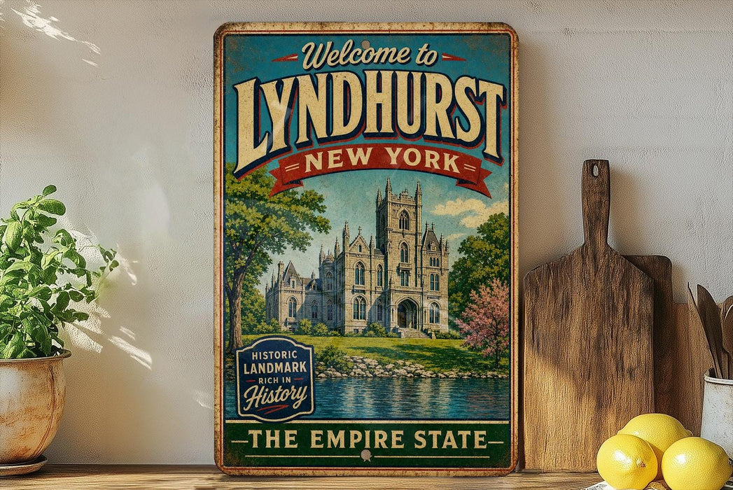 A vintage-style sign welcoming visitors to Lyndhurst, New York, featuring an illustration of the historic landmark.