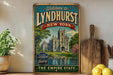 A vintage-style sign welcoming visitors to Lyndhurst, New York, featuring an illustration of the historic landmark.