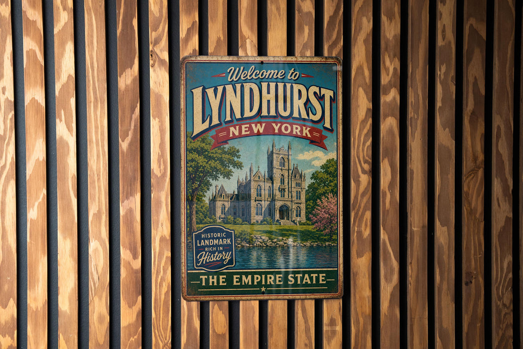 A vintage-style metal sign that reads "Welcome to Lyndhurst New York" with a castle illustration, mounted on a wooden wall.
