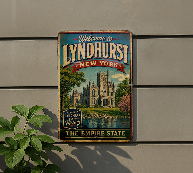 A vintage-style metal sign welcoming visitors to Lyndhurst, New York, with a castle illustration and the text "The Empire State" below.