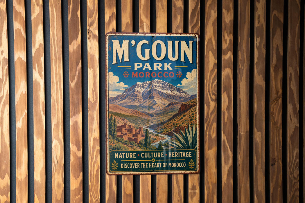 A vintage metal sign for M'Goun Park in Morocco, featuring a mountain landscape and text promoting the park's nature, culture, and heritage.