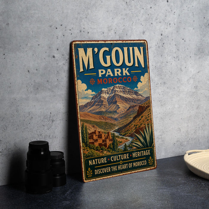A vintage metal sign for M'Goun Park in Morocco, featuring a mountain landscape and text promoting the park's nature, culture, and heritage.