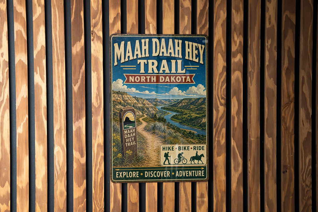 A vintage trail sign for the Maah Daha Hey Trail in North Dakota, featuring a scenic mountain landscape and inviting visitors to explore, discover, and adventure.
