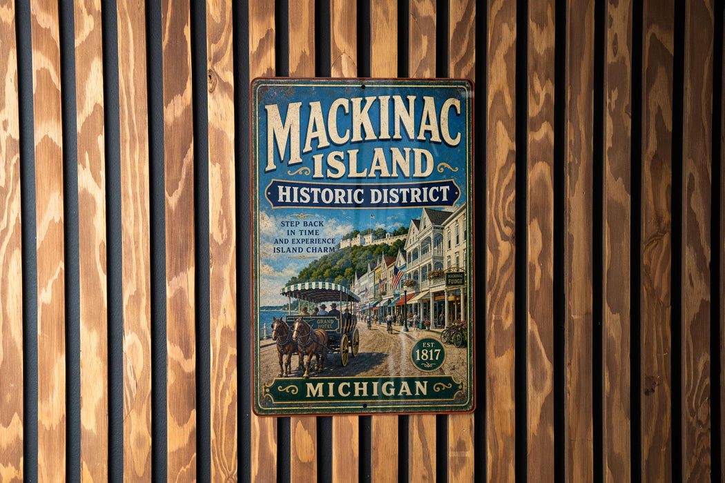 A vintage metal sign for Mackinac Island Historic District, featuring an illustration of a horse-drawn carriage and the text "Mackinac Island" and "Michigan".