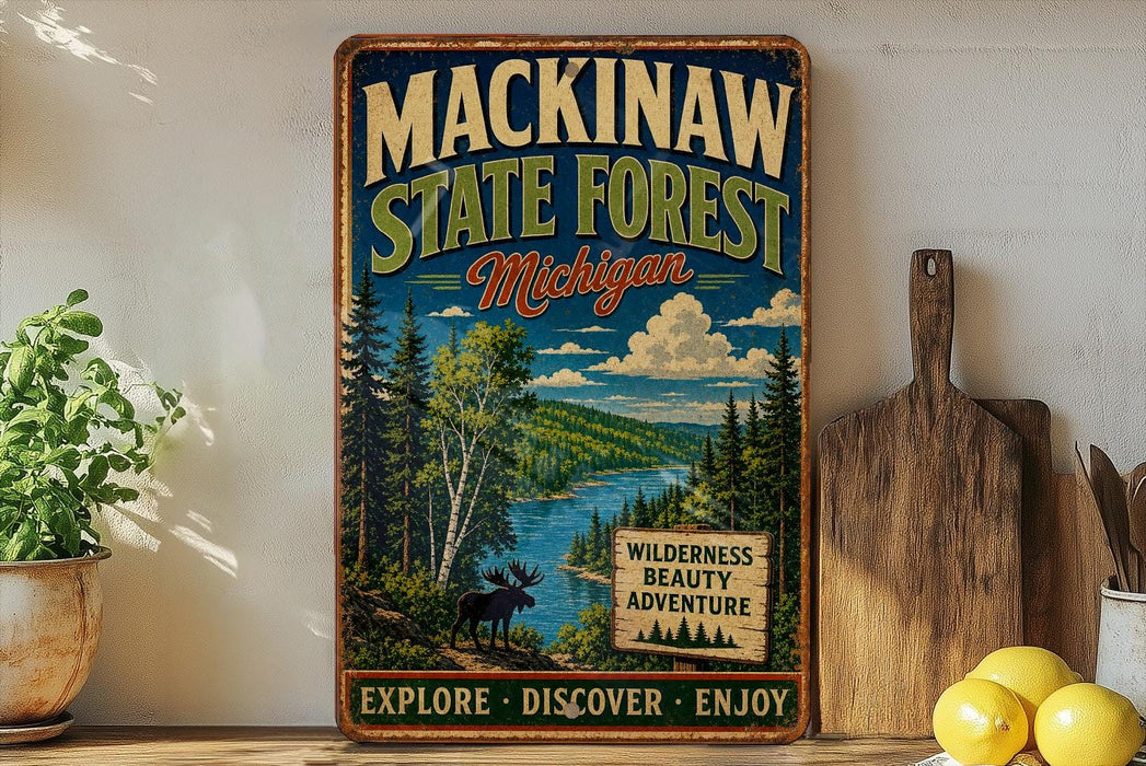 A vintage-style metal sign for Mackinaw State Forest in Michigan, featuring a scenic illustration of a forest, a moose, and a river.