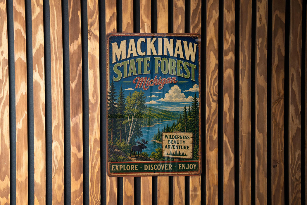 A vintage metal sign for Mackinaw State Forest in Michigan, featuring a scenic illustration of a forest landscape with a moose and a river.