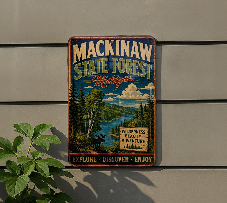 A vintage-style metal sign for Mackinaw State Forest in Michigan, featuring a scenic landscape with a moose and a lake.