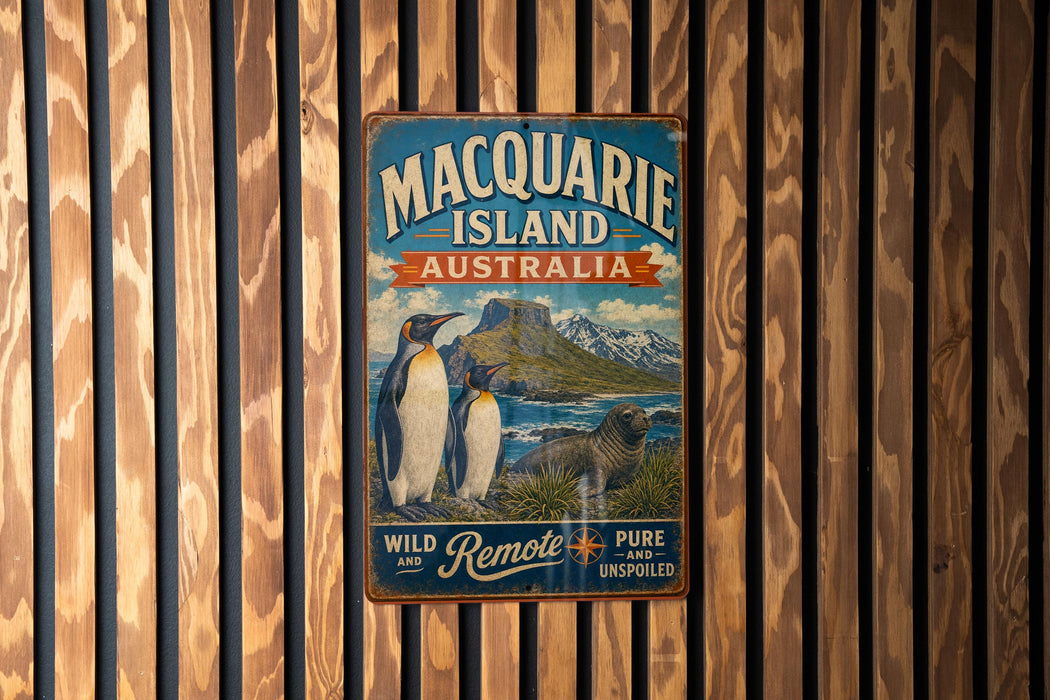 A vintage metal sign for Macquarrie Island, Australia, featuring a penguin and a seal, is displayed on a wooden wall.