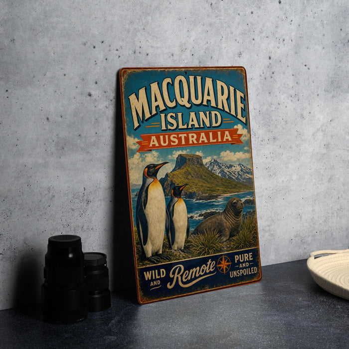 A vintage metal sign for Macquarrie Island, Australia, featuring illustrations of penguins and a seal, with the text "Macquarrie Island, Australia, Wild and Remote".
