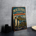 A vintage metal sign for Macquarrie Island, Australia, featuring illustrations of penguins and a seal, with the text "Macquarrie Island, Australia, Wild and Remote".