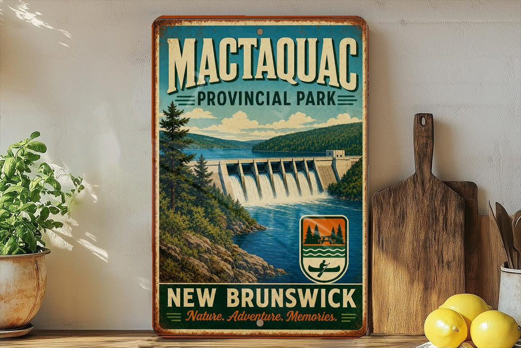 A vintage-style metal sign for Macquac Provincial Park, New Brunswick, featuring a scenic image of the park and its surroundings.