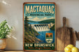 A vintage-style metal sign for Macquac Provincial Park, New Brunswick, featuring a scenic image of the park and its surroundings.