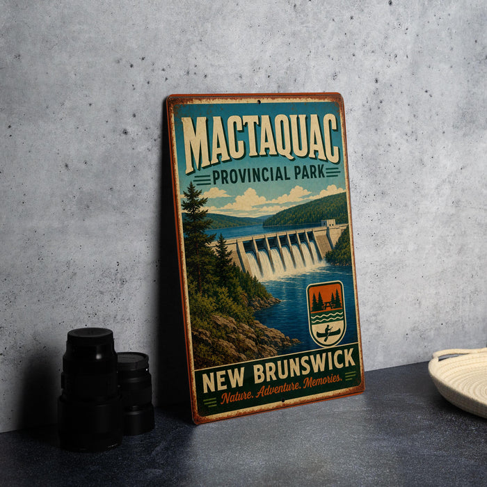 A vintage-style metal sign for Mactaquac Provincial Park, New Brunswick, Canada, featuring a scenic image of the park and its surroundings.