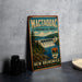 A vintage-style metal sign for Mactaquac Provincial Park, New Brunswick, Canada, featuring a scenic image of the park and its surroundings.