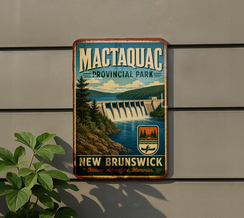 A vintage-style metal sign for Mactacqua Provincial Park, New Brunswick, Canada, featuring a scenic image of the park and its surroundings.