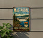 A vintage-style metal sign for Mactacqua Provincial Park, New Brunswick, Canada, featuring a scenic image of the park and its surroundings.