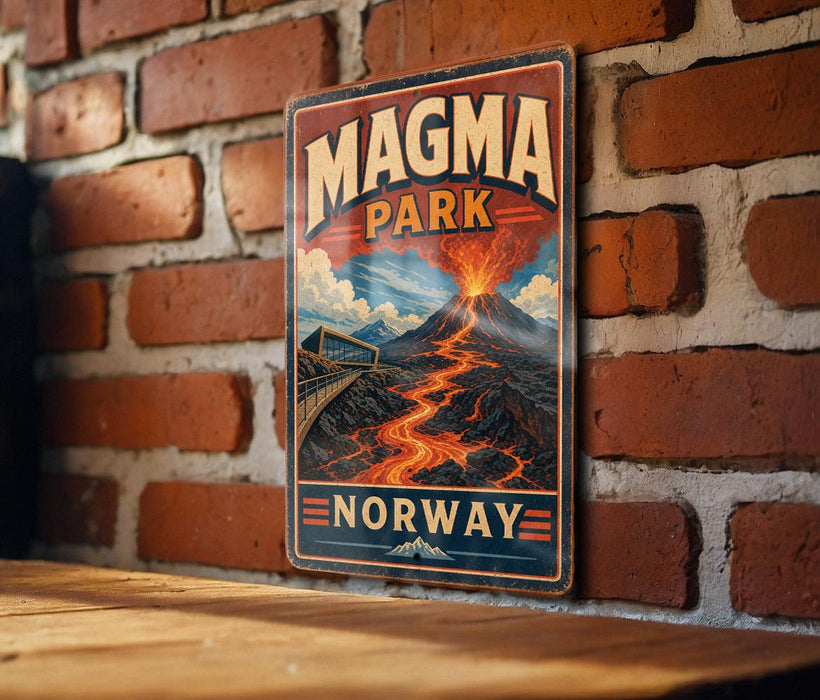 A vintage-style metal sign for Magma Park in Norway, featuring an illustration of a volcano with lava flowing down its slopes.
