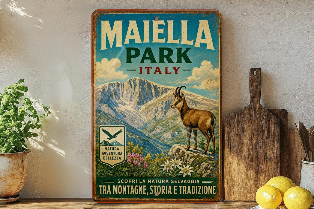 A vintage-style metal sign for Maiella Park in Italy, featuring a mountain landscape with a goat and flowers, placed on a wooden shelf next to a potted plant and a wooden cutting board.