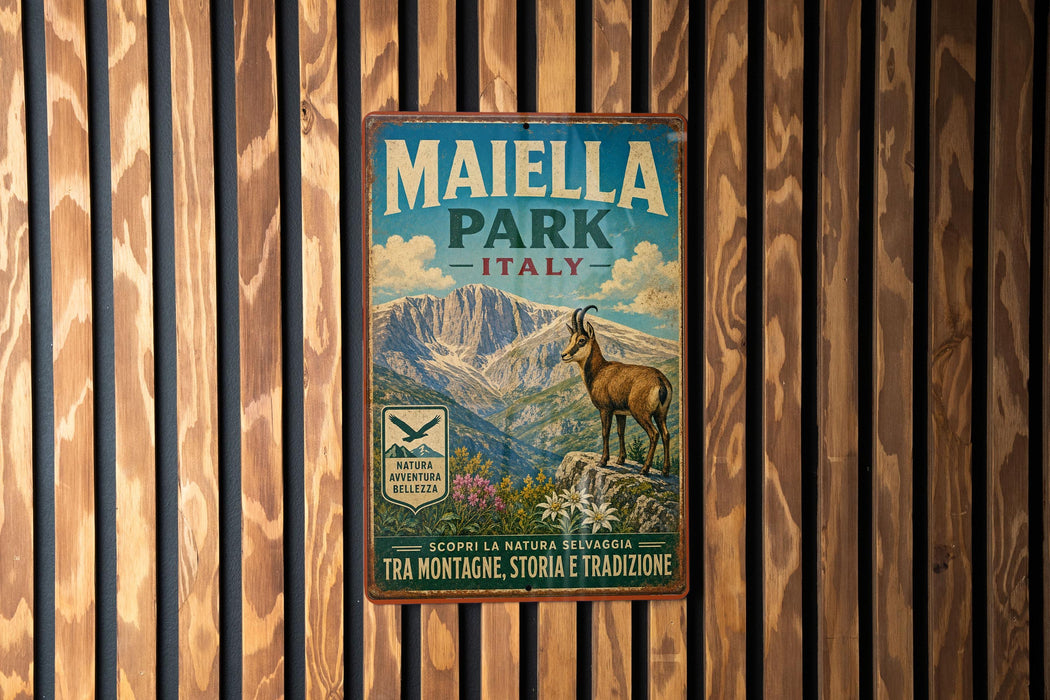 A vintage metal sign for Maiella Park, Italy, featuring a mountain landscape and a goat.