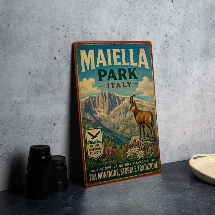 A vintage metal sign for Maiella Park, Italy, featuring an illustration of a mountain and a goat, placed on a gray countertop next to some black camera lenses.