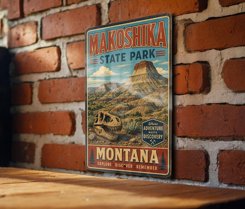 A vintage-style metal sign for Makoshika State Park in Montana, featuring a dinosaur illustration and the text "Where adventure meets discovery" and "Montana".