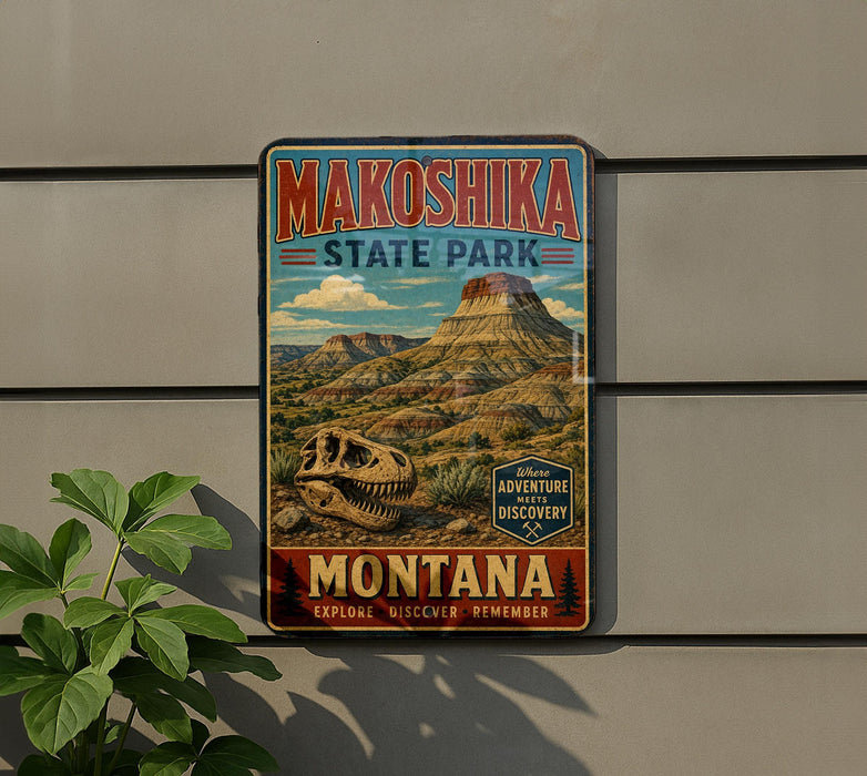 A vintage-style metal sign for Makoshika State Park, featuring a dinosaur skull and a mountain landscape, is displayed on a wall next to a plant.