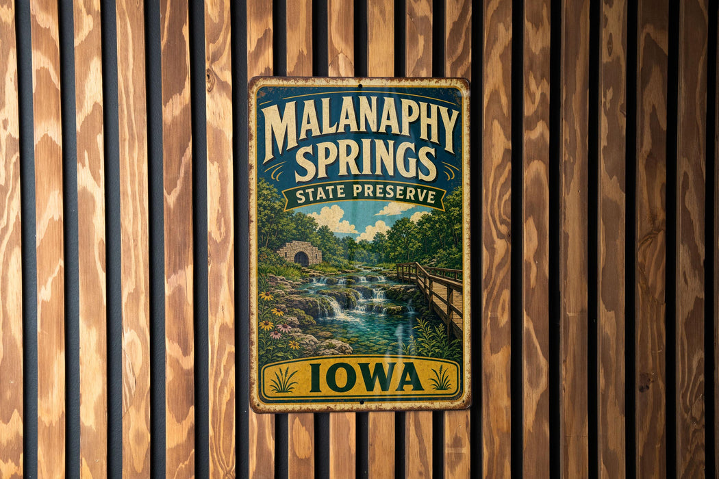 A vintage metal sign for Malanaphy Springs State Preserve in Iowa, featuring a scenic landscape with a waterfall and a wooden bridge.