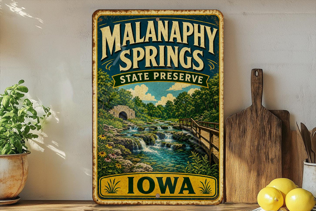 A vintage-style metal sign for Malanaphy Springs State Preserve, featuring a scenic illustration of a waterfall and a bridge surrounded by lush greenery.