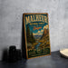 A vintage metal sign for Malheur National Forest in Oregon, featuring a scenic landscape with mountains, trees, and a river.