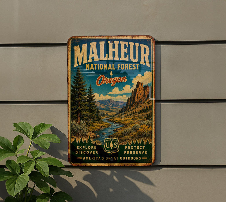 A vintage metal sign for the Malheur National Forest in Oregon, featuring a scenic landscape with mountains, trees, and a river.