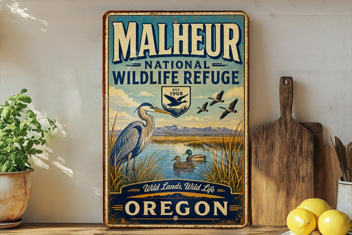 A vintage-style metal sign for the Malheur National Wildlife Refuge in Oregon, featuring an illustration of a heron and ducks in a lake surrounded by mountains.