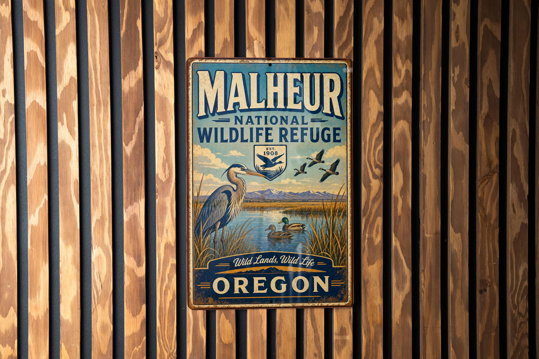 A metal sign with the text "MALHEUR NATIONAL WILDLIFE REFUGE" and an illustration of birds in a natural setting, mounted on a wooden wall.