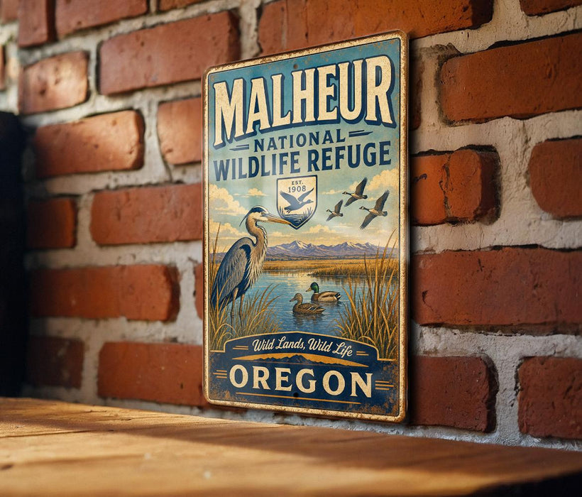 A vintage-style metal sign for the Malheur National Wildlife Refuge in Oregon, featuring a bird and a landscape with mountains in the background.