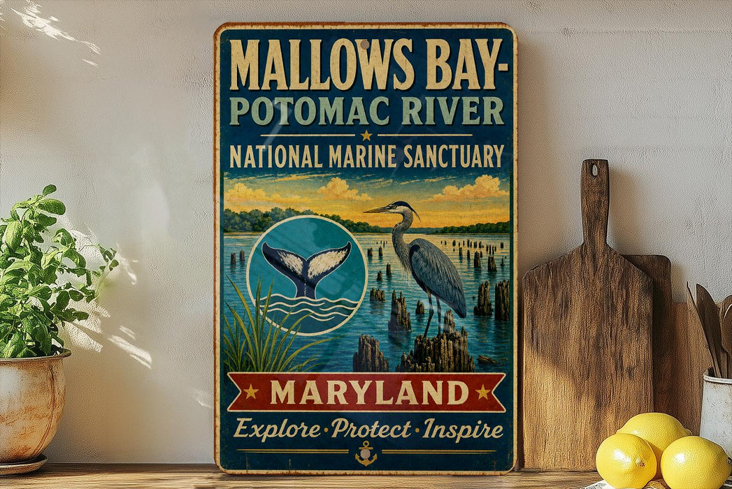 A vintage-style sign for the Mallow's Bay-Potomac River National Marine Sanctuary in Maryland, featuring an illustration of a heron and a river scene.