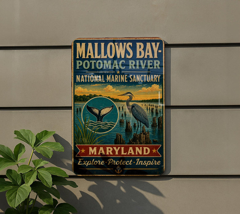 A metal sign on a wall, featuring an illustration of a bird and a body of water, with text indicating it is a sign for the Mallow's Bay-Potomac River National Marine Sanctuary in Maryland.