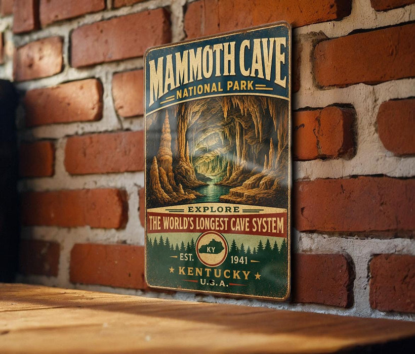 A vintage-style metal sign for Mammoth Cave National Park, featuring an illustration of the cave system and the text "Explore The World's Longest Cave System" and "Est. 1941 KENTUCKY U.S.A."