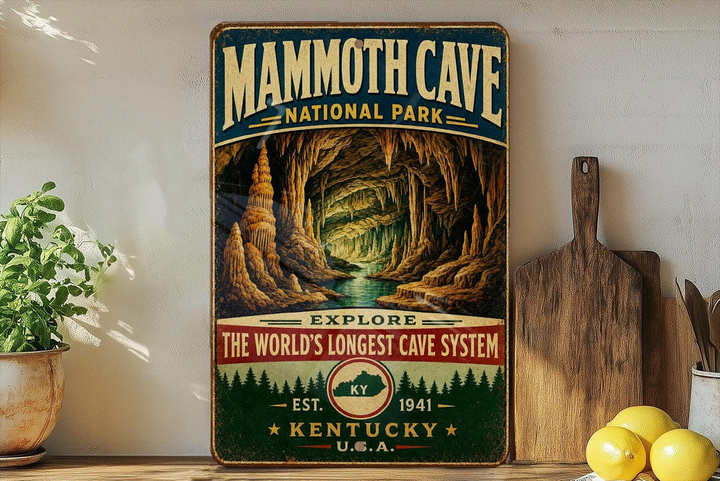 A vintage-style metal sign for Mammoth Cave National Park, featuring an illustration of the cave system and the text "EXPLORE THE WORLD'S LONGEST CAVE SYSTEM EST. 1941 KENTUCKY U.S.A."
