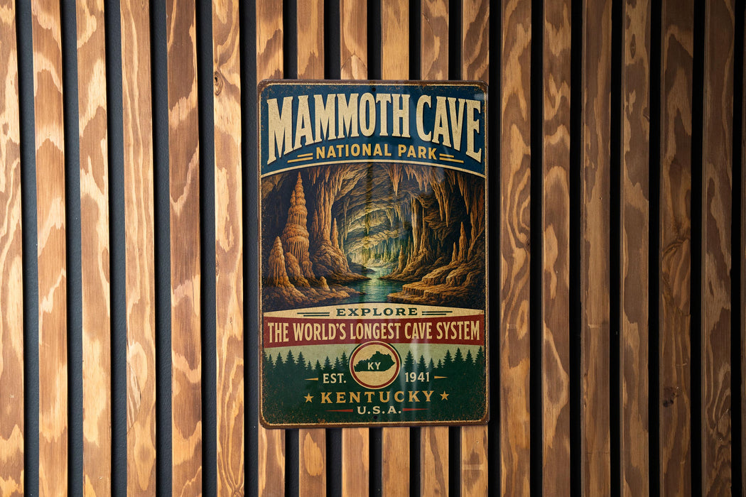 a vintage-style metal sign for Mammoth Cave National Park, which is the world's longest cave system.