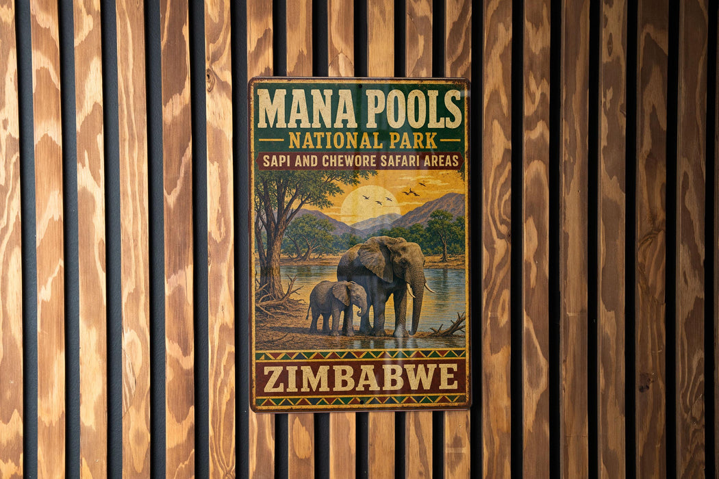 A vintage-style metal sign for the Mana Pools National Park in Zambia, featuring an illustration of elephants in a savanna landscape.