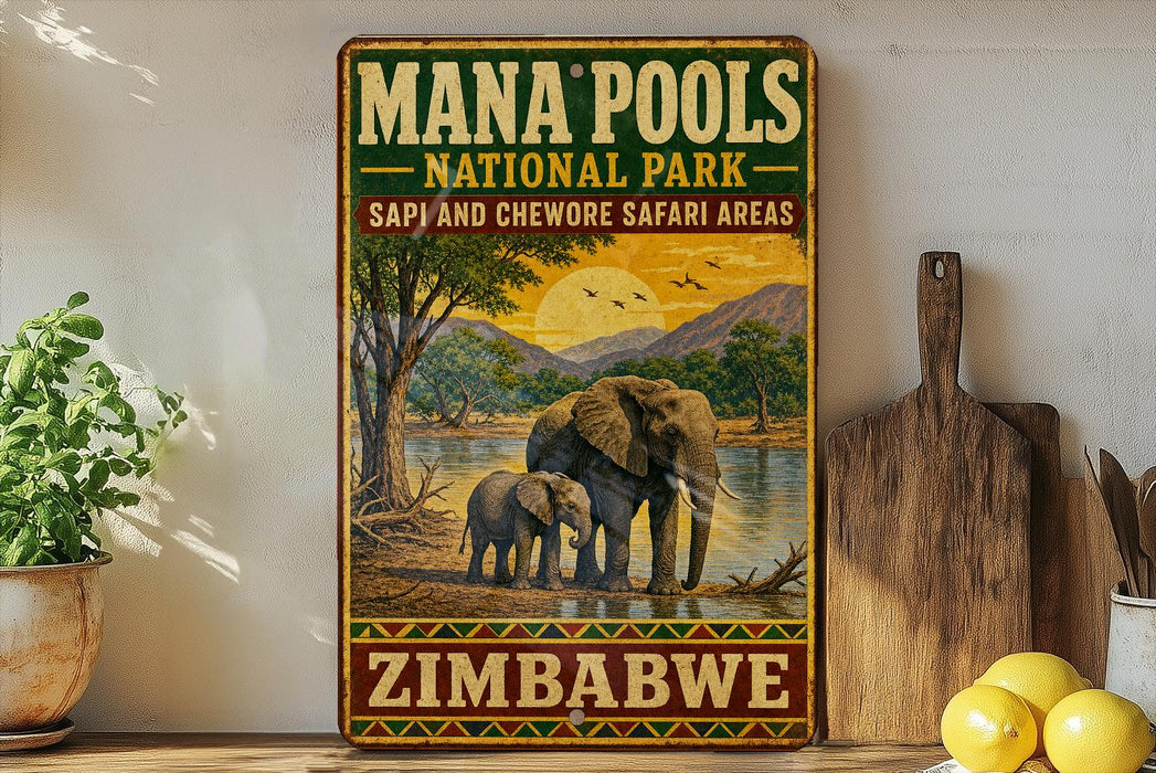 A vintage-style sign for the Mana Pools National Park in Zimbabwe, featuring an illustration of an elephant and a sunset over a body of water.