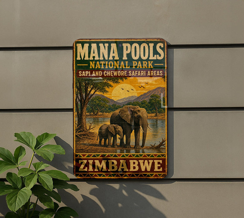 A vintage-style sign for the Mana Pools National Park in Zimbabwe, featuring an illustration of elephants in a savanna landscape.