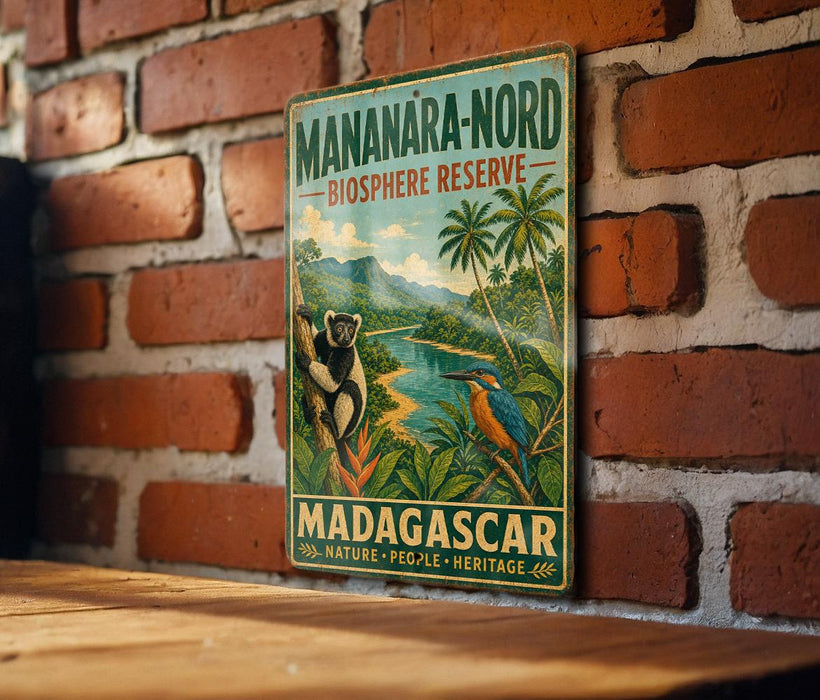 A vintage-style metal sign with a tropical landscape and wildlife, mounted on a brick wall.