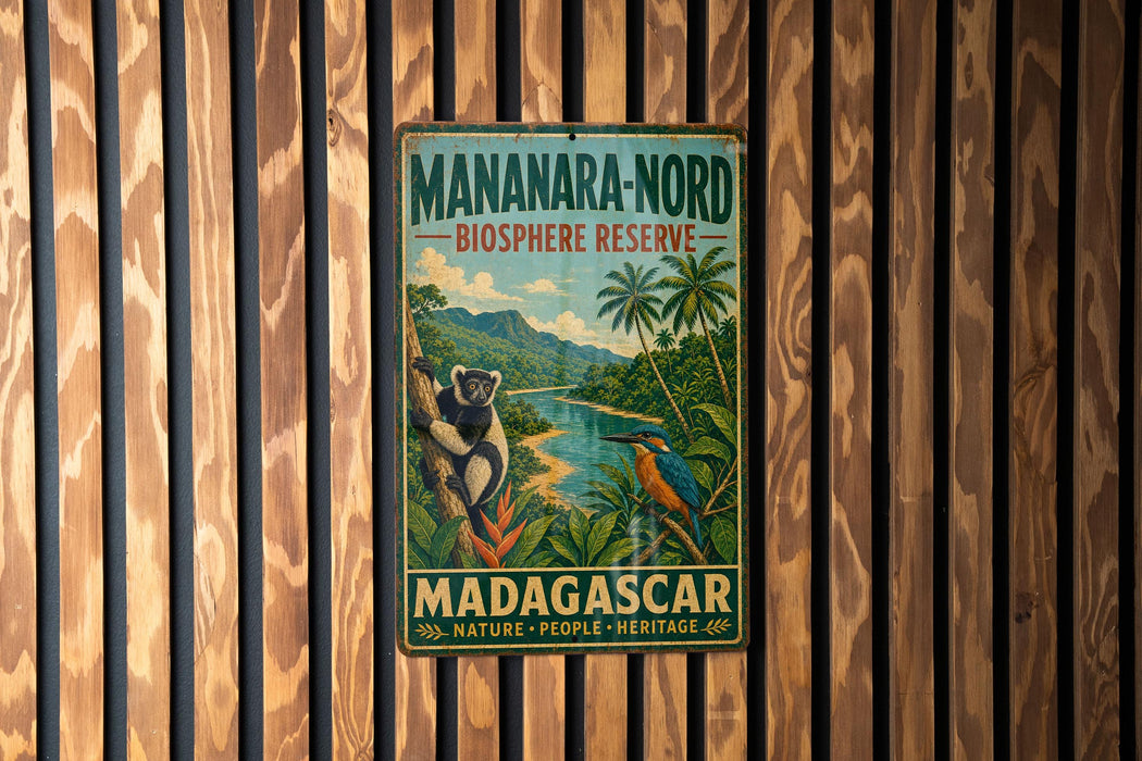 A vintage-style metal sign for the Mananara-Nord Biosphere Reserve in Madagascar, featuring a tropical landscape with a lemur and a bird.