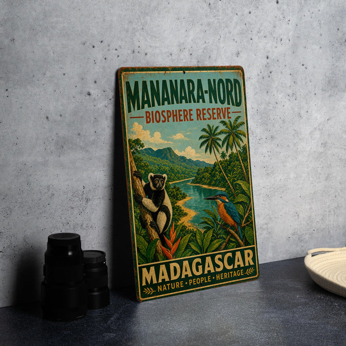 A vintage-style metal sign for the Mananara-Nord Biosphere Reserve in Madagascar, featuring a lush tropical landscape with a lemur and a kingfisher bird.