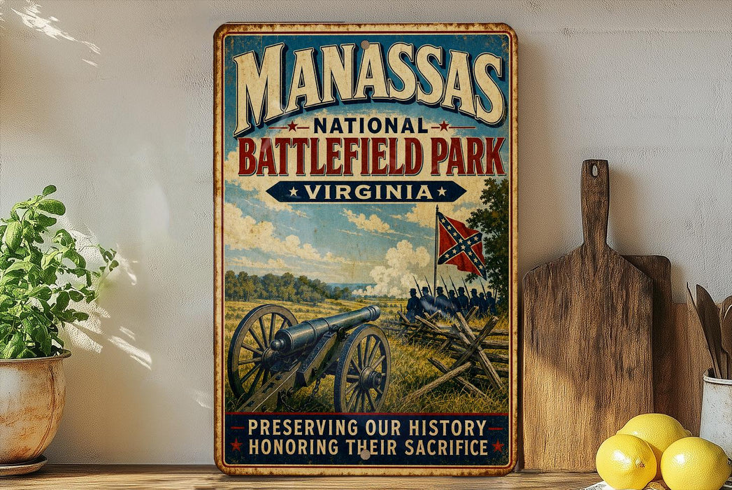 a vintage-style sign for the National Battlefield Park in Virginia, with a cannon and a Union flag in the background, along with a wooden cutting board and some lemons.