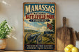 a vintage-style sign for the National Battlefield Park in Virginia, with a cannon and a Union flag in the background, along with a wooden cutting board and some lemons.