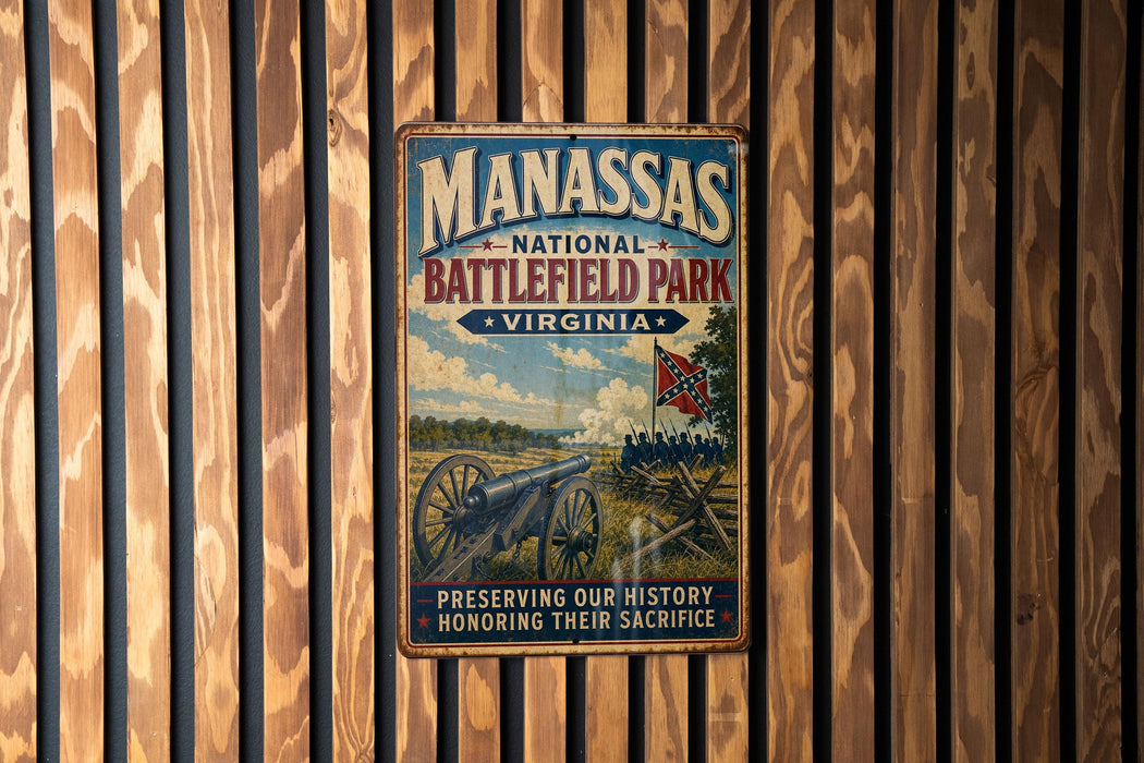 a vintage metal sign with the text "MANASSAS NATIONAL BATTLEFIELD PARK VIRGINIA" and an illustration of a cannon and soldiers in a field.